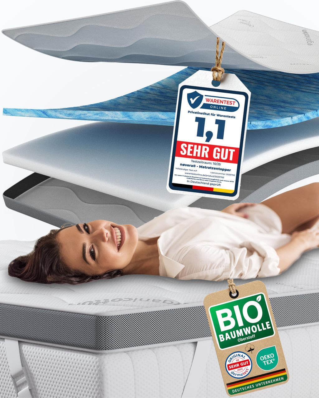 Deluxe Gel Topper 180x200cm | Oberstoff aus 100% Bio-Baumwolle | wolkenweicher 7-Zonen Matratzentopper 180x200cm | Hohes RG 50 | 8cm Matratzen Topper 180x200 |Luxus Matratzenauflage Geltopper