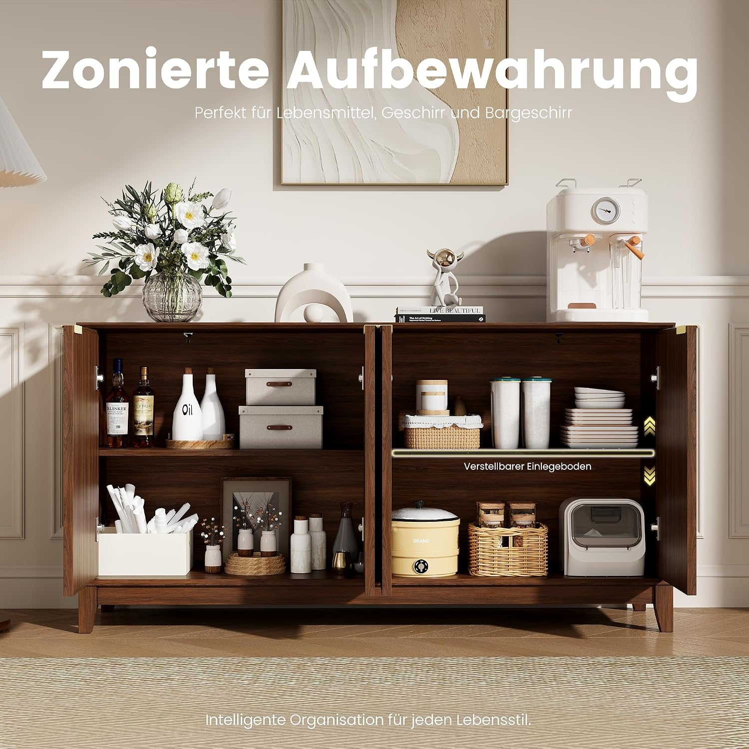 COLAMY Sideboard 150 cm Holz mit Stauraum – Modernes Sideboard für Wohnzimmer, Küchenschrank mit verstellbaren Einlegeböden, Buffet Schrank mit 3D Holzfront, Walnut