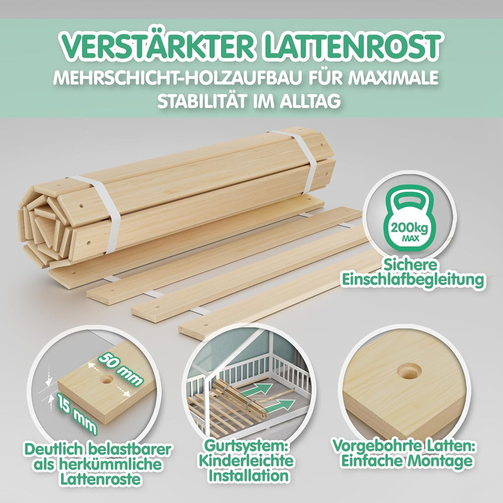 CADANI TIMI XL Bodenbett 120x200 Weiß, Rausfallschutz abnehmbar, bis 200 kg