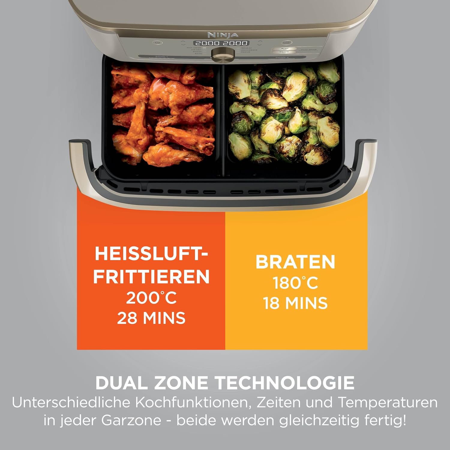 Ninja Foodi FlexDrawer Heißluftfritteuse, Dual Zone, Stone Gold AF500EUSD