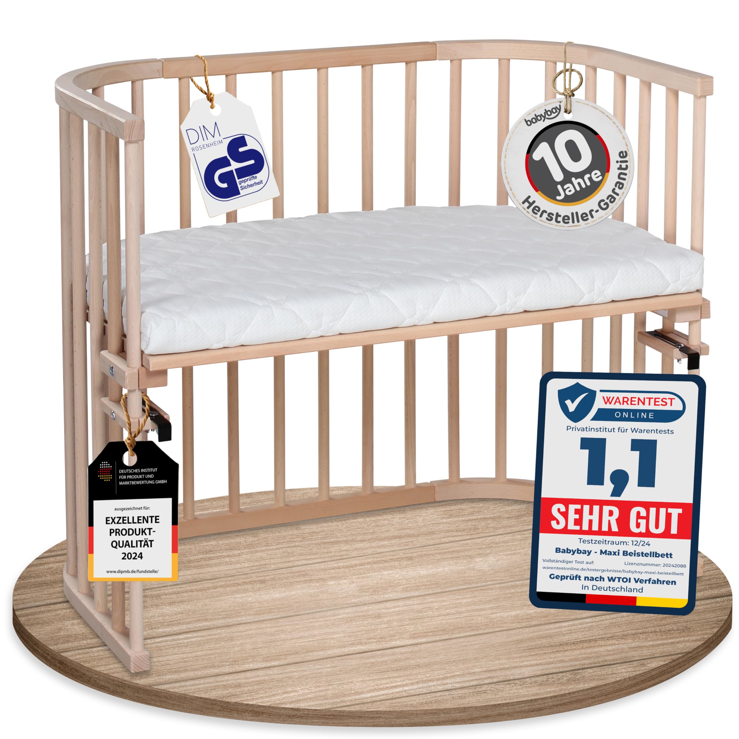 babybay Original Beistellbett aus massivem Buchenholz / kompakt & verwandelbar / Kinderbett Höhe stufenlos verstellbar & umweltfreundlich / mitwachsendes Babybett (weiß lackiert) / inkl. Matratze