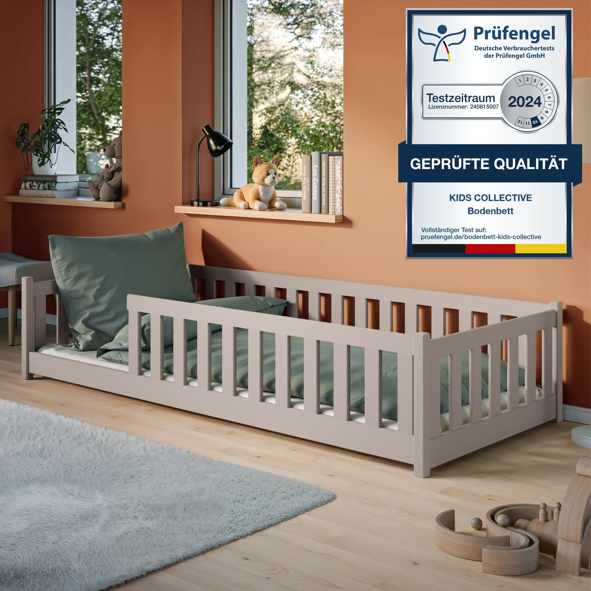 Kids Collective Kinderbett Bodenbett 120x200 cm Bett mit Rausfallschutz & Lattenrost Montessori Bett Bed Gitterbett Kinder Jugendbett Einzelbett | Natur Kiefer Holz massiv Junge Mädchen