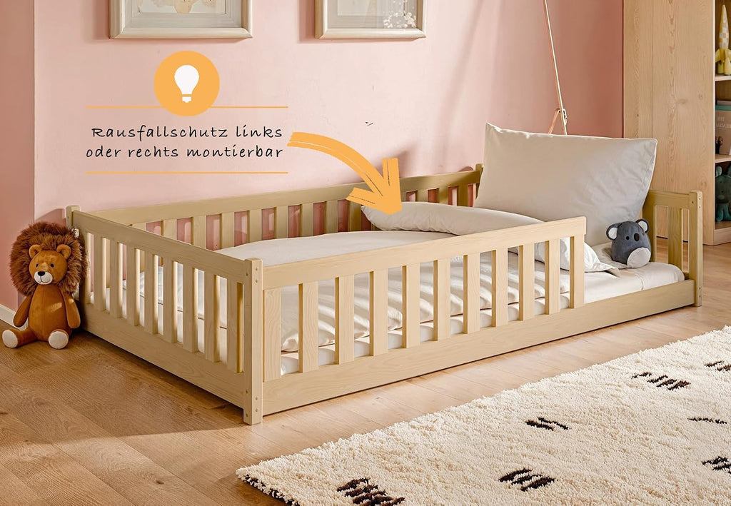 Kids Collective Kinderbett Bodenbett 120x200 cm Bett mit Rausfallschutz & Lattenrost Montessori Bett Bed Gitterbett Kinder Jugendbett Einzelbett | Natur Kiefer Holz massiv Junge Mädchen