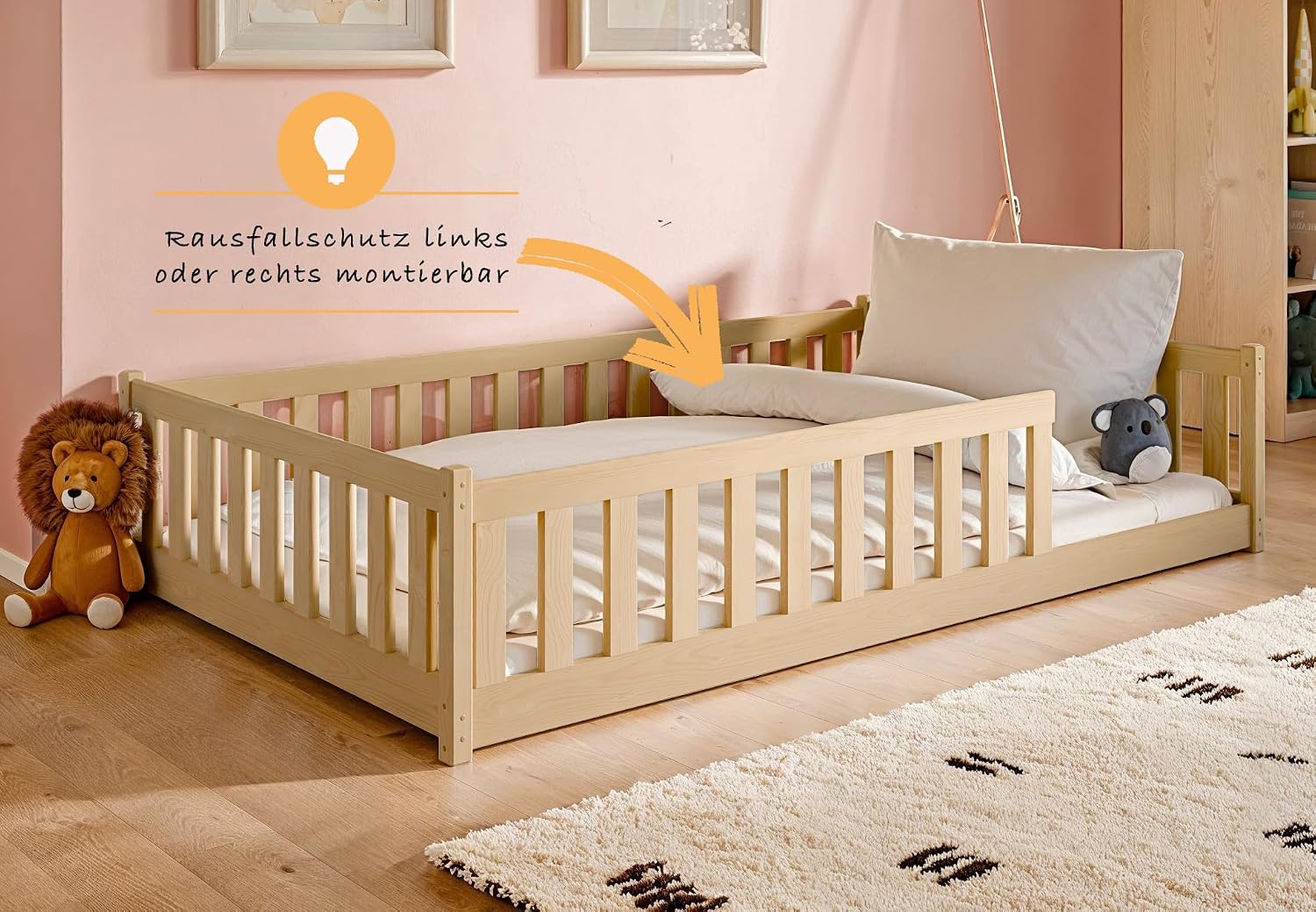 Kids Collective Kinderbett Bodenbett 120x200 cm Bett mit Rausfallschutz & Lattenrost Montessori Bett Bed Gitterbett Kinder Jugendbett Einzelbett | Natur Kiefer Holz massiv Junge Mädchen