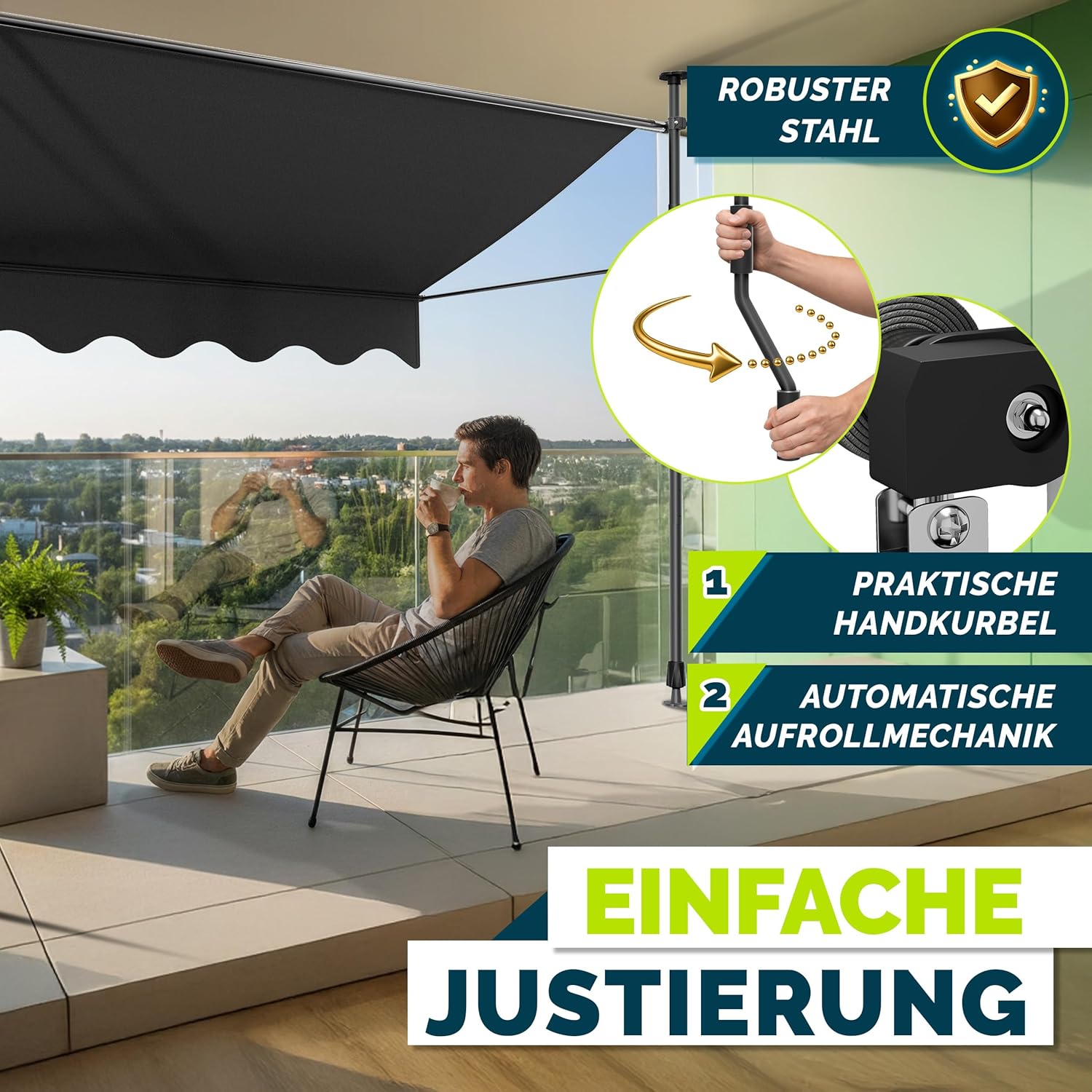 tillvex Klemmmarkise 350cm breit mit Handkurbel | Balkonmarkise ohne Bohren