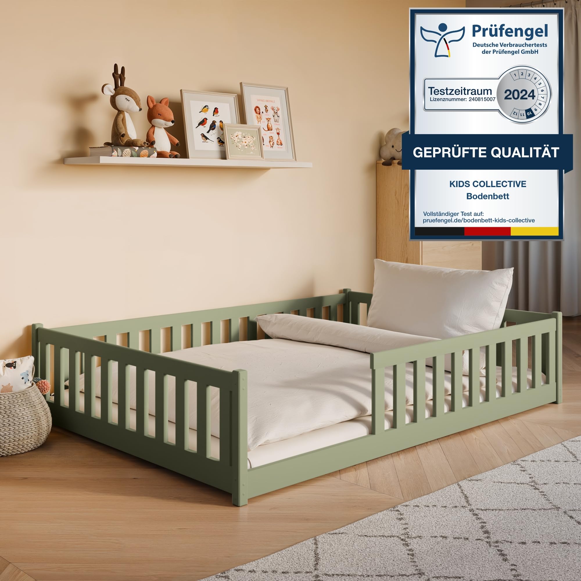 Kids Collective Kinderbett Bodenbett 120x200 cm Bett mit Rausfallschutz & Lattenrost Montessori Bett Bed Gitterbett Kinder Jugendbett Einzelbett | Natur Kiefer Holz massiv Junge Mädchen