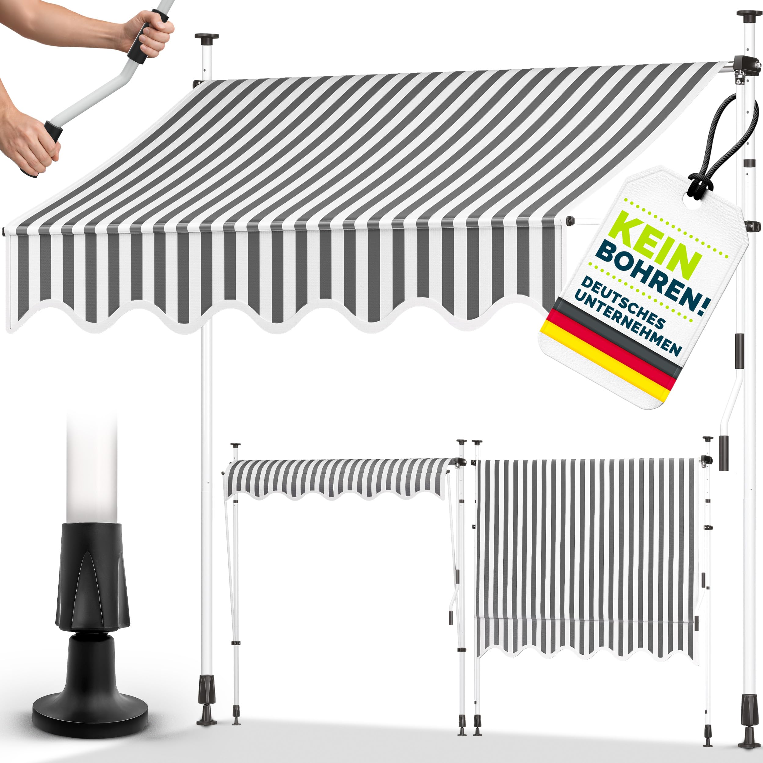 tillvex Klemmmarkise 350cm breit mit Handkurbel | Balkonmarkise ohne Bohren