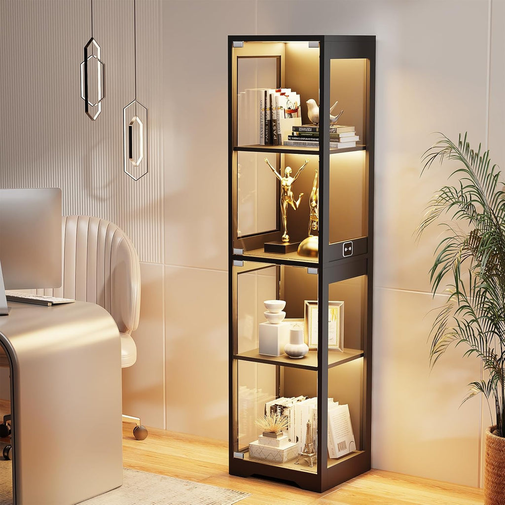 BROTTAR Glasvitrine mit Dreifarbig LED Beleuchtung und Glastüren, Glasvitrine Stehend mit Körpersensor-System, Sammlervitrine für Wohnzimmer, Büro, Bücher, Spielzimmer, Schwarz (40 x 35 x 160cm)