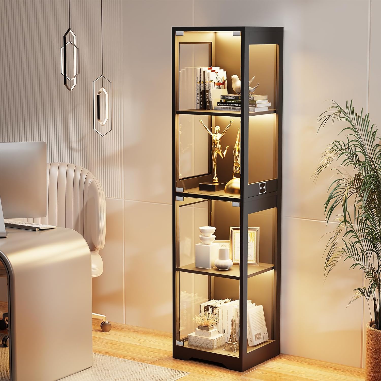 BROTTAR Glasvitrine mit Dreifarbig LED Beleuchtung und Glastüren, Glasvitrine Stehend mit Körpersensor-System, Sammlervitrine für Wohnzimmer, Büro, Bücher, Spielzimmer, Schwarz (40 x 35 x 160cm)