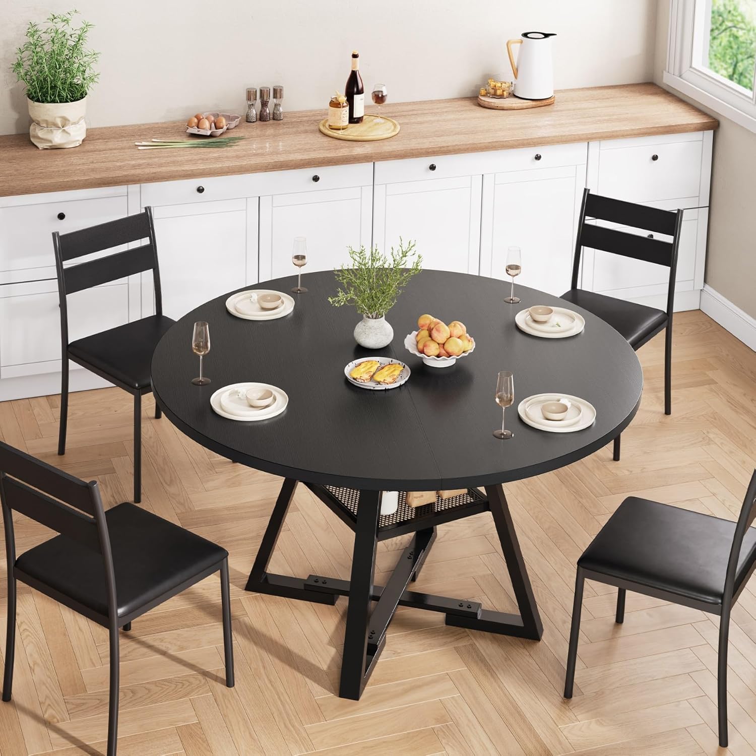 Jocoevol Esstisch Runder für 2–4 Personen, Esszimmertisch mit Ablage, platzsparender Küchentisch aus Holz im Industrial Design (Schwarz, 107x107x76cm)