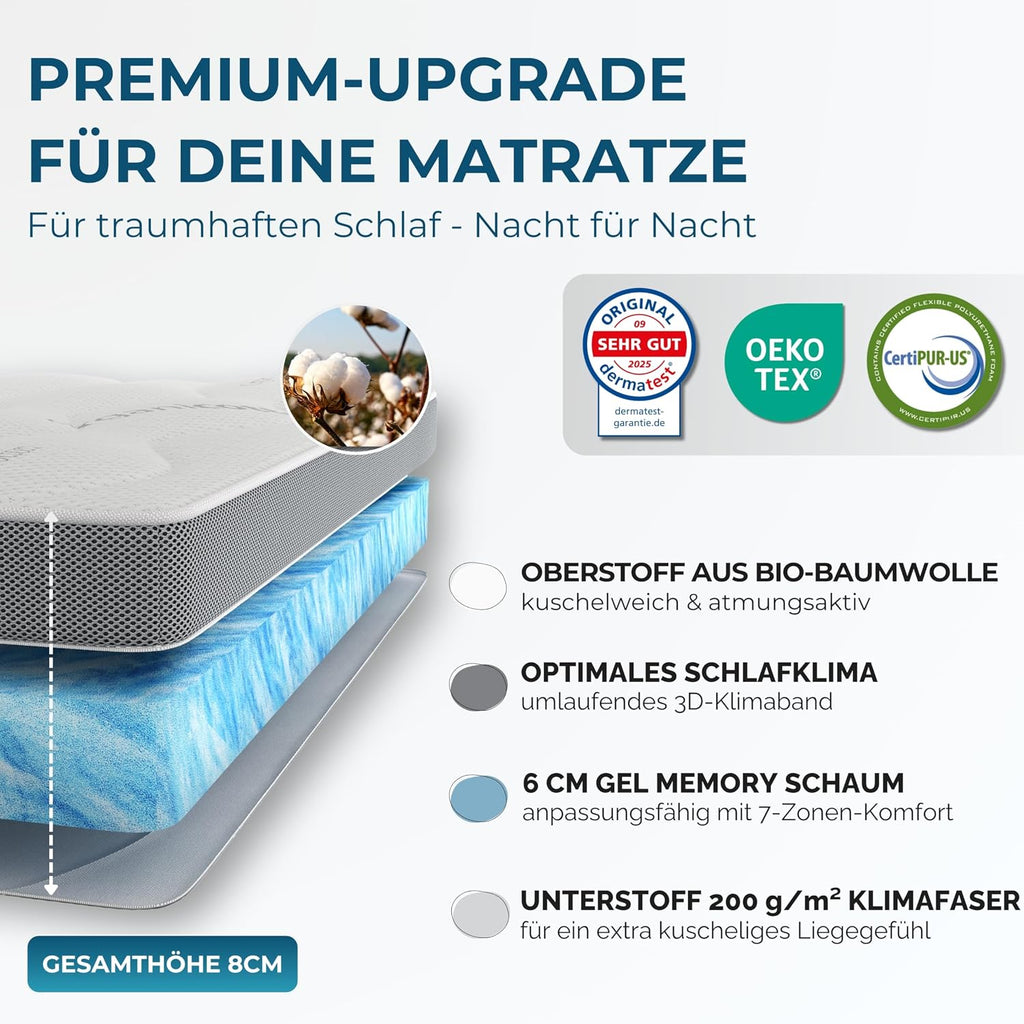 Deluxe Gel Topper 180x200cm | Oberstoff aus 100% Bio-Baumwolle | wolkenweicher 7-Zonen Matratzentopper 180x200cm | Hohes RG 50 | 8cm Matratzen Topper 180x200 |Luxus Matratzenauflage Geltopper