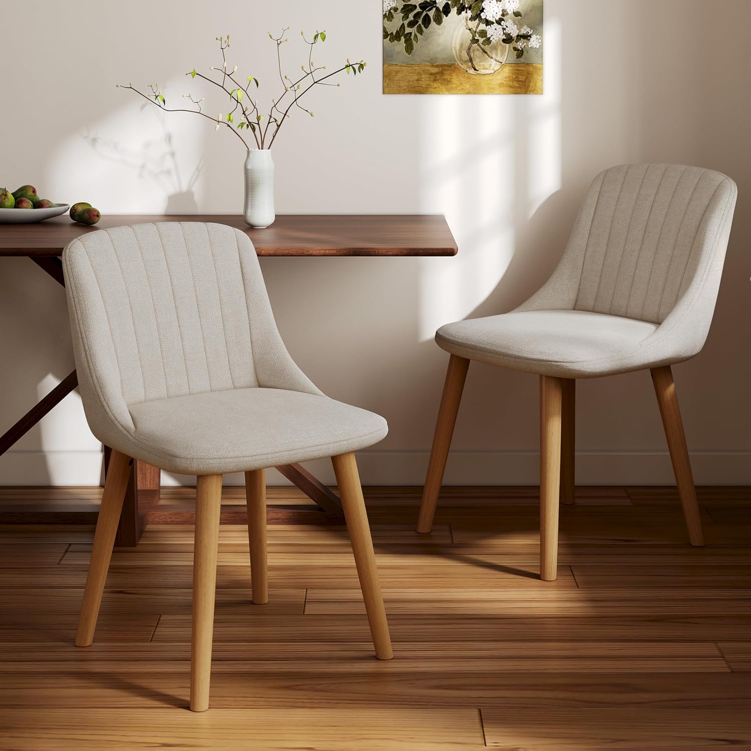Esszimmerstühle Beige 4er Set Holzbeine Polsterstuhl Küchenstuhl aus Polyester Stühle Esszimmer Wohnzimmerstuhl für Esszimmer Küche Büro