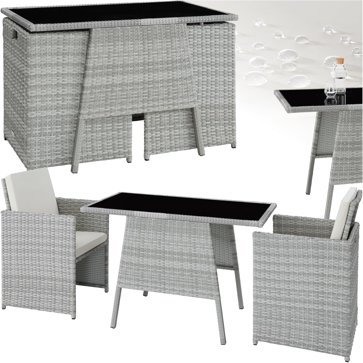 tectake® Poly Rattan Sitzgruppe für 2 Personen, Outdoor Möbel platzsparend zusammenschiebbar, 2 Sessel & 1 Tisch, ideales Balkon Lounge Set, Gartenmöbel, Terrassenmöbel wetterfest - hellgrau