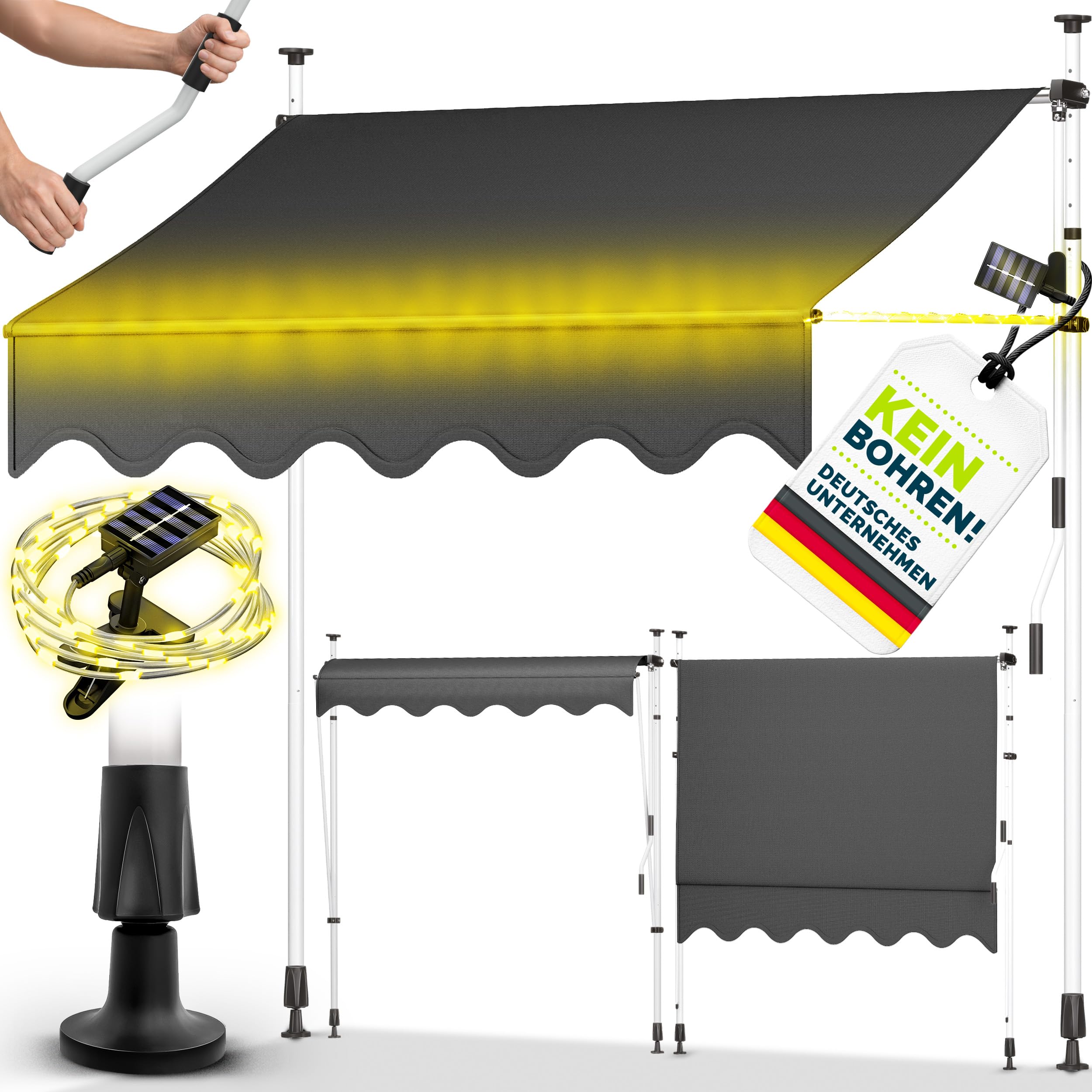 tillvex Klemmmarkise 350cm breit mit Handkurbel | Balkonmarkise ohne Bohren