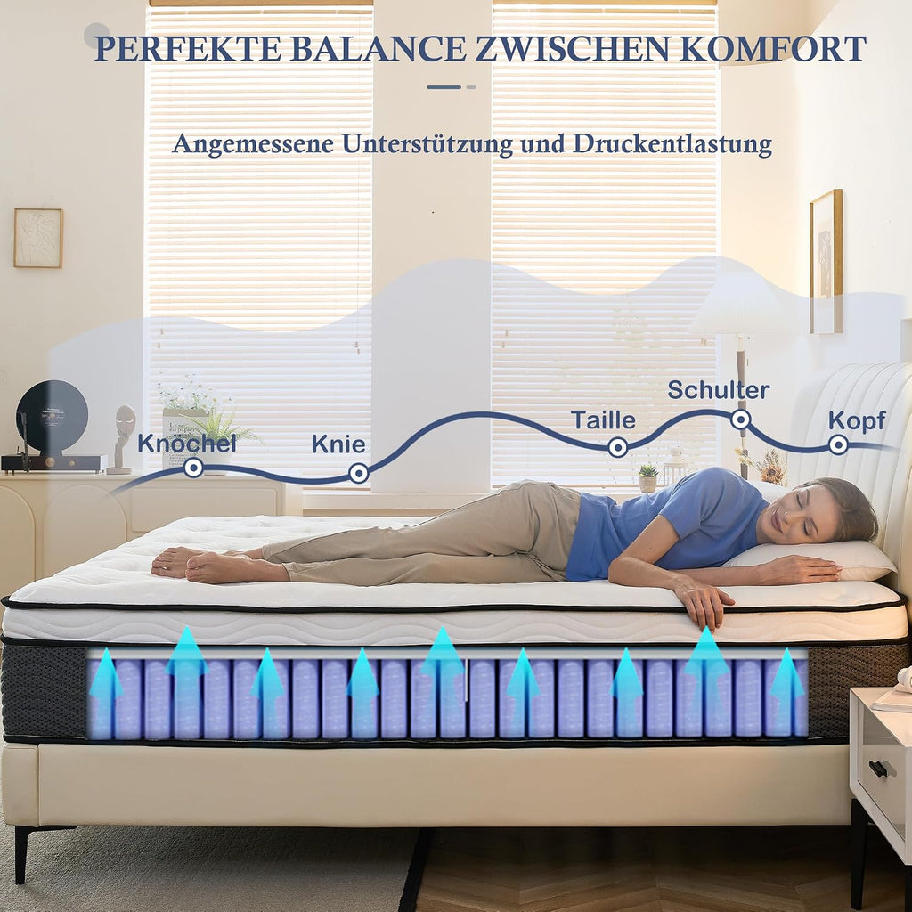 Matratze 180 x 200cm, Federkernmatratze H3 Höhe 31cm 7-Zonen Orthopädische Taschenfederkernmatratze mit Comfort Memory-Schaum Schicht