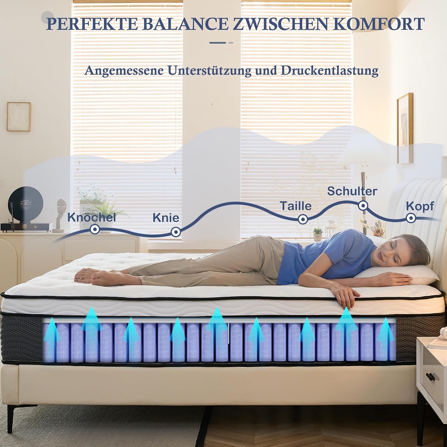 Matratze 180 x 200cm, Federkernmatratze H3 Höhe 31cm 7-Zonen Orthopädische Taschenfederkernmatratze mit Comfort Memory-Schaum Schicht