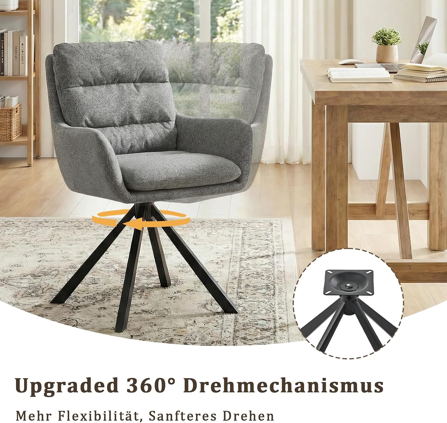 Esszimmerstuhl Drehbar 6er mit Armlehne – 360° Drehbarer Einzelstuhl mit Doppelter Rückenlehne und Abnehmbarem Sitzkissen,Hellgrau1