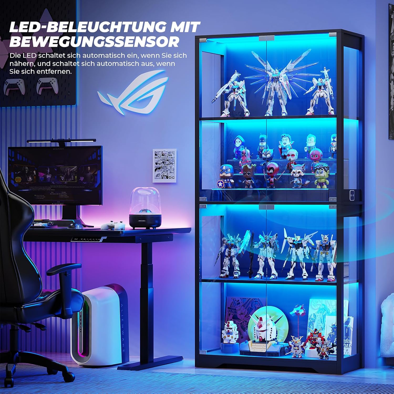 BROTTAR Beleuchtete Glasvitrine mit LED Sensor, moderner Vitrinenschrank & Standvitrine, 4 Etagen Sicherheitsglas Vitrine für Lego, Figuren und Sammlungen, Schwarz