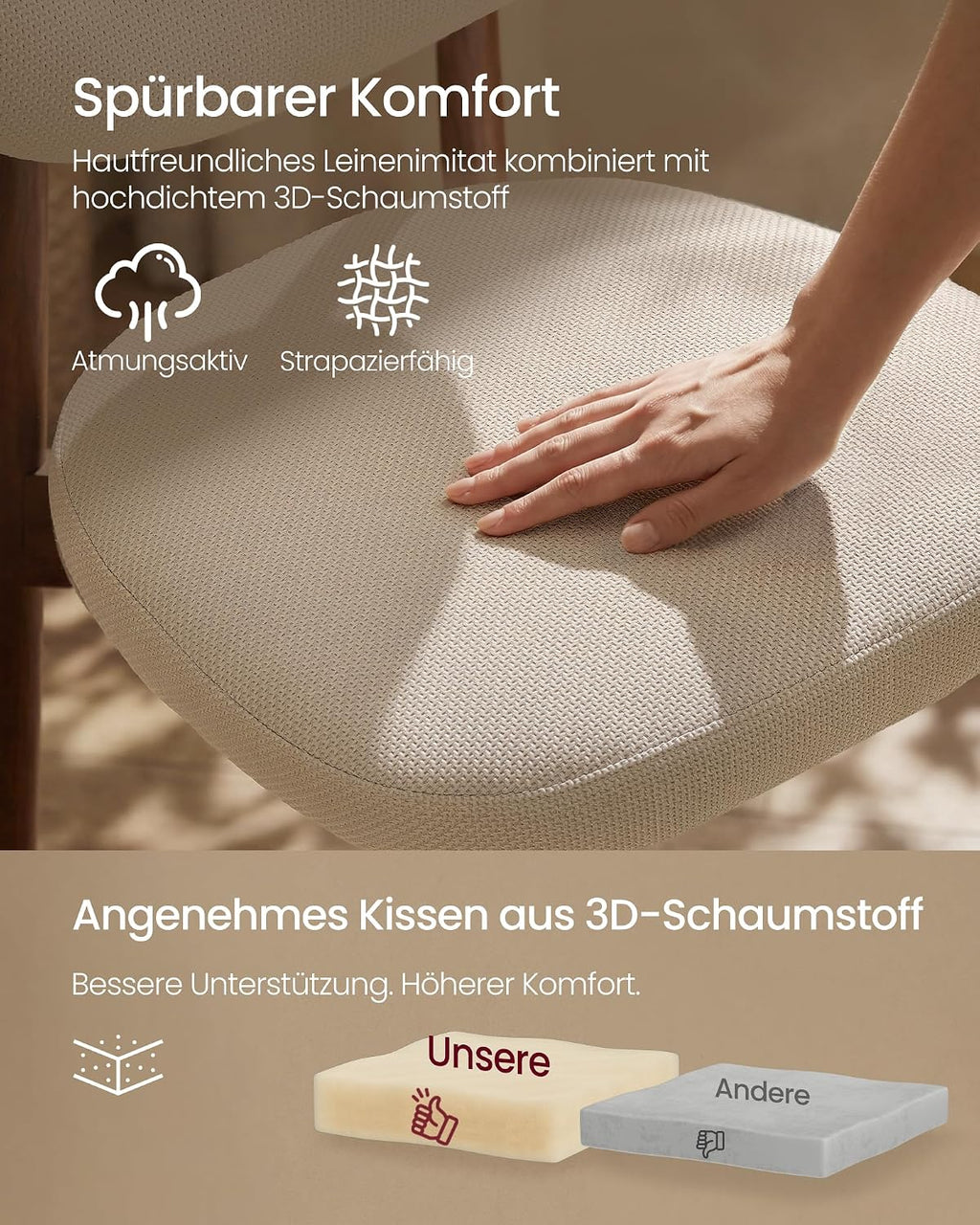 VASAGLE Esszimmerstuhl 4er Set, Küchenstuhl, Polsterstuhl mit Massivholzbeinen, ergonomische Rückenlehne, Aussparung als Griff, Mid-Century-Modern-Stil, Küche, cappuccinobeige KDC668L101-2J