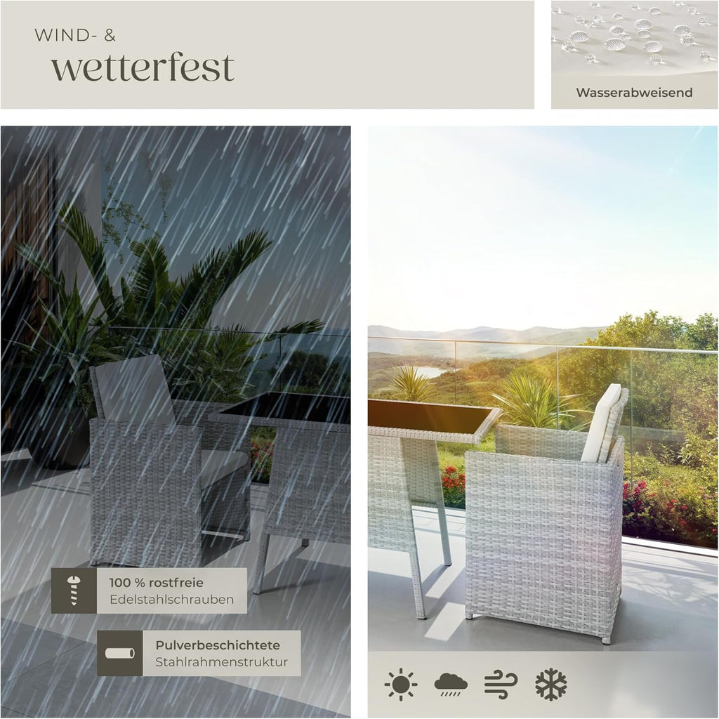 tectake® Poly Rattan Sitzgruppe für 2 Personen, Outdoor Möbel platzsparend zusammenschiebbar, 2 Sessel & 1 Tisch, ideales Balkon Lounge Set, Gartenmöbel, Terrassenmöbel wetterfest - hellgrau