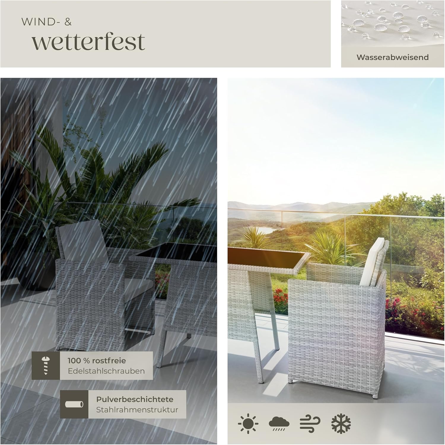 tectake® Poly Rattan Sitzgruppe für 2 Personen, Outdoor Möbel platzsparend zusammenschiebbar, 2 Sessel & 1 Tisch, ideales Balkon Lounge Set, Gartenmöbel, Terrassenmöbel wetterfest - hellgrau