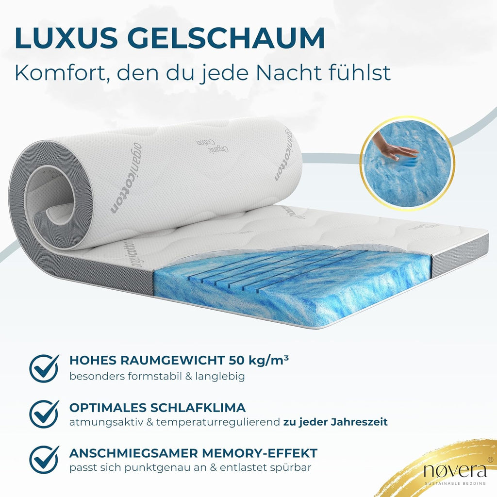Deluxe Gel Topper 180x200cm | Oberstoff aus 100% Bio-Baumwolle | wolkenweicher 7-Zonen Matratzentopper 180x200cm | Hohes RG 50 | 8cm Matratzen Topper 180x200 |Luxus Matratzenauflage Geltopper