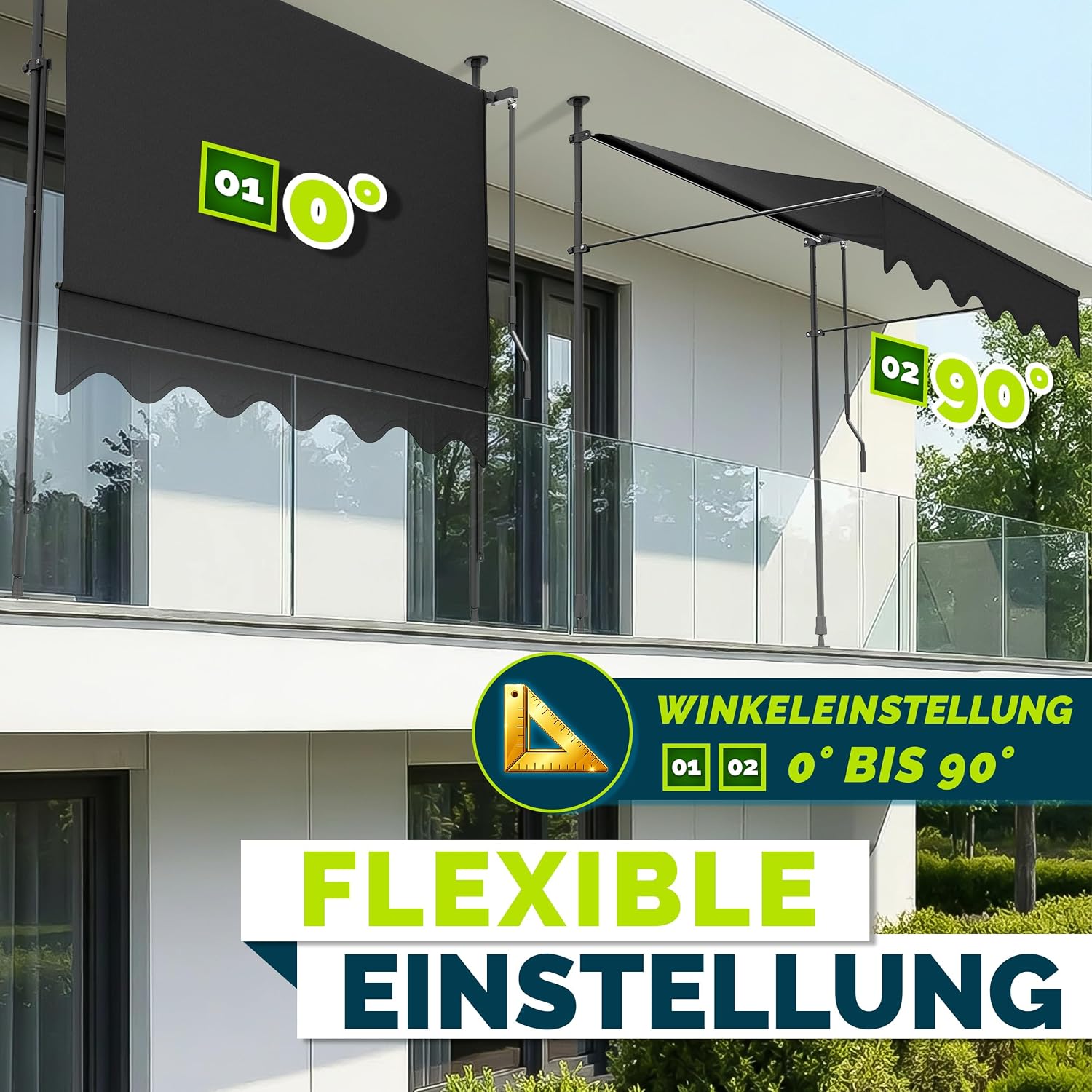 tillvex Klemmmarkise 350cm breit mit Handkurbel | Balkonmarkise ohne Bohren