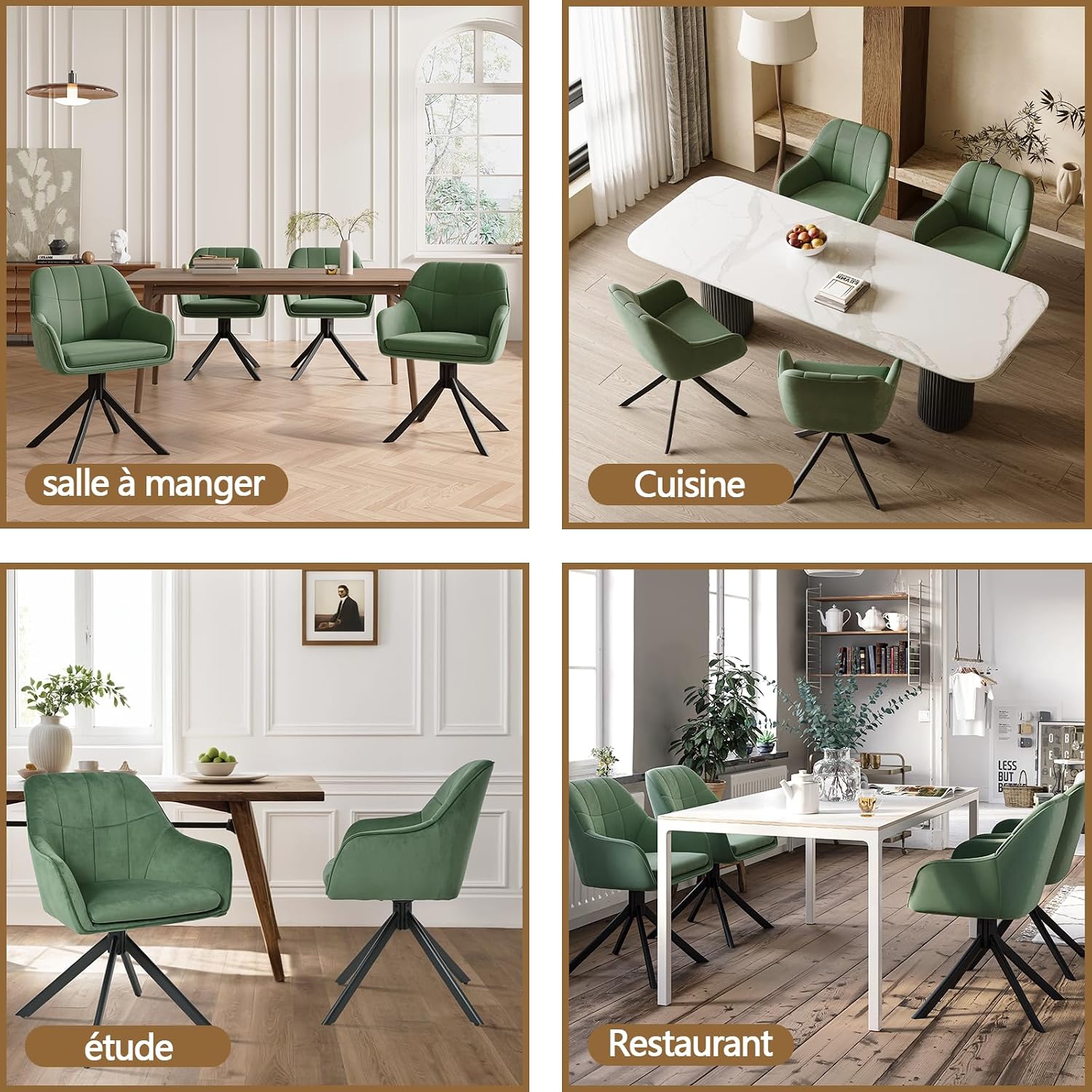 Drehstuhl Esszimmer 4er Set Samt Grün mit Armlehne Polsterstuhl Esszimmerstühle drehbar Küchenstuhl mit Metallbeine für Wohnzimmer Esszimmer
