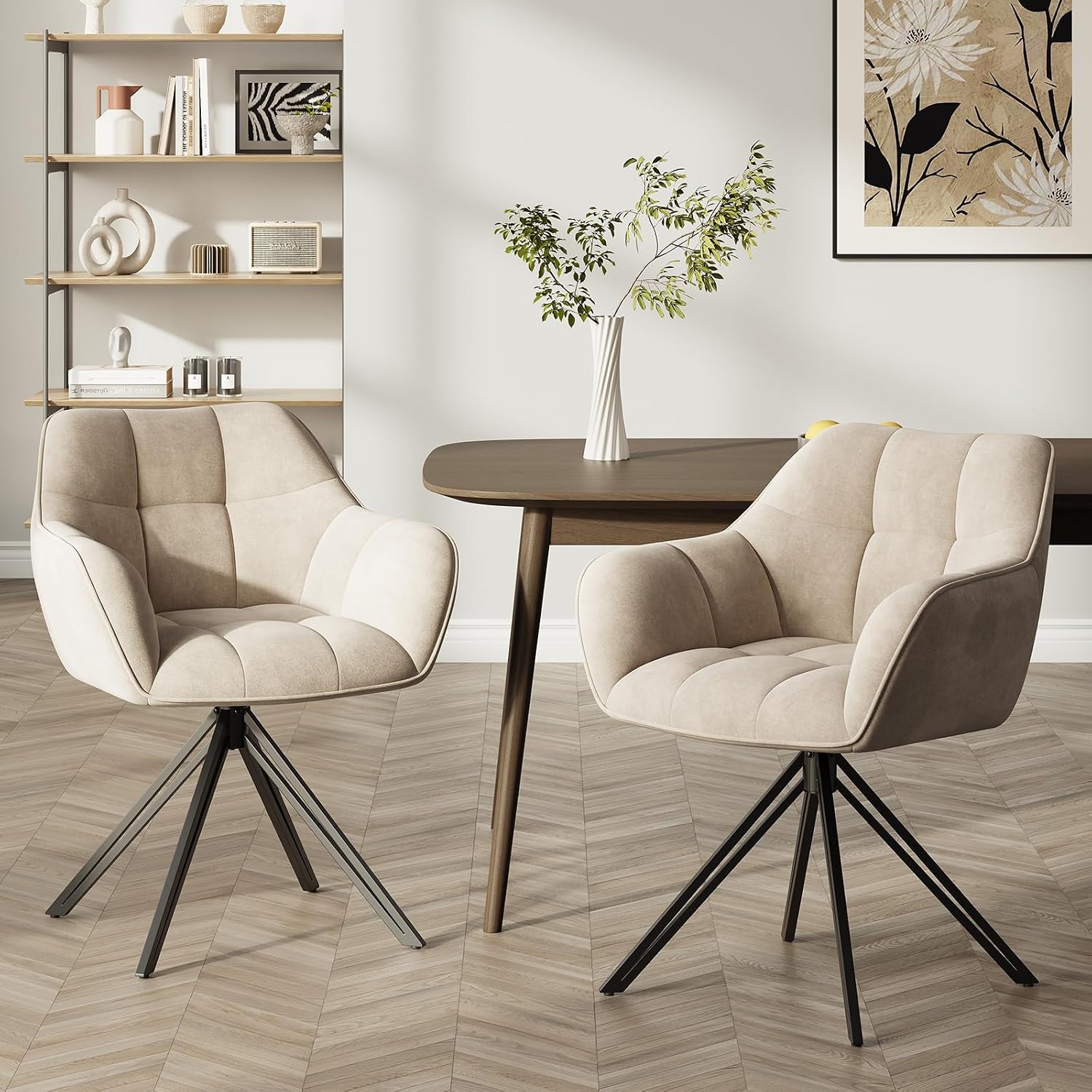 COLAMY Drehstühle für Esszimmer, 2er Set, Drehbare Polsterstühle mit Armlehnen und Rückenlehne, Bequeme Küchenstühle für Wohnzimmer & Essbereich, Beige