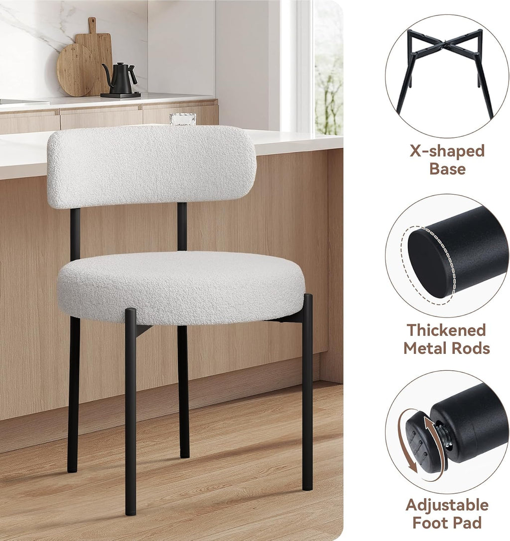 Hawthyhome Esszimmerstühle 4er Set丨Teddy Stoff Runde Boucle Stühle·Mid-Century gepolsterte Küchenstühle·Dining Chairs mit Metallbeinen·Creme Wei߷