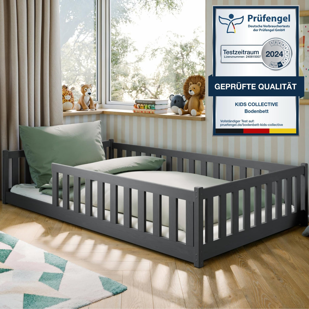 Kids Collective Kinderbett Bodenbett 120x200 cm Bett mit Rausfallschutz & Lattenrost Montessori Bett Bed Gitterbett Kinder Jugendbett Einzelbett | Natur Kiefer Holz massiv Junge Mädchen