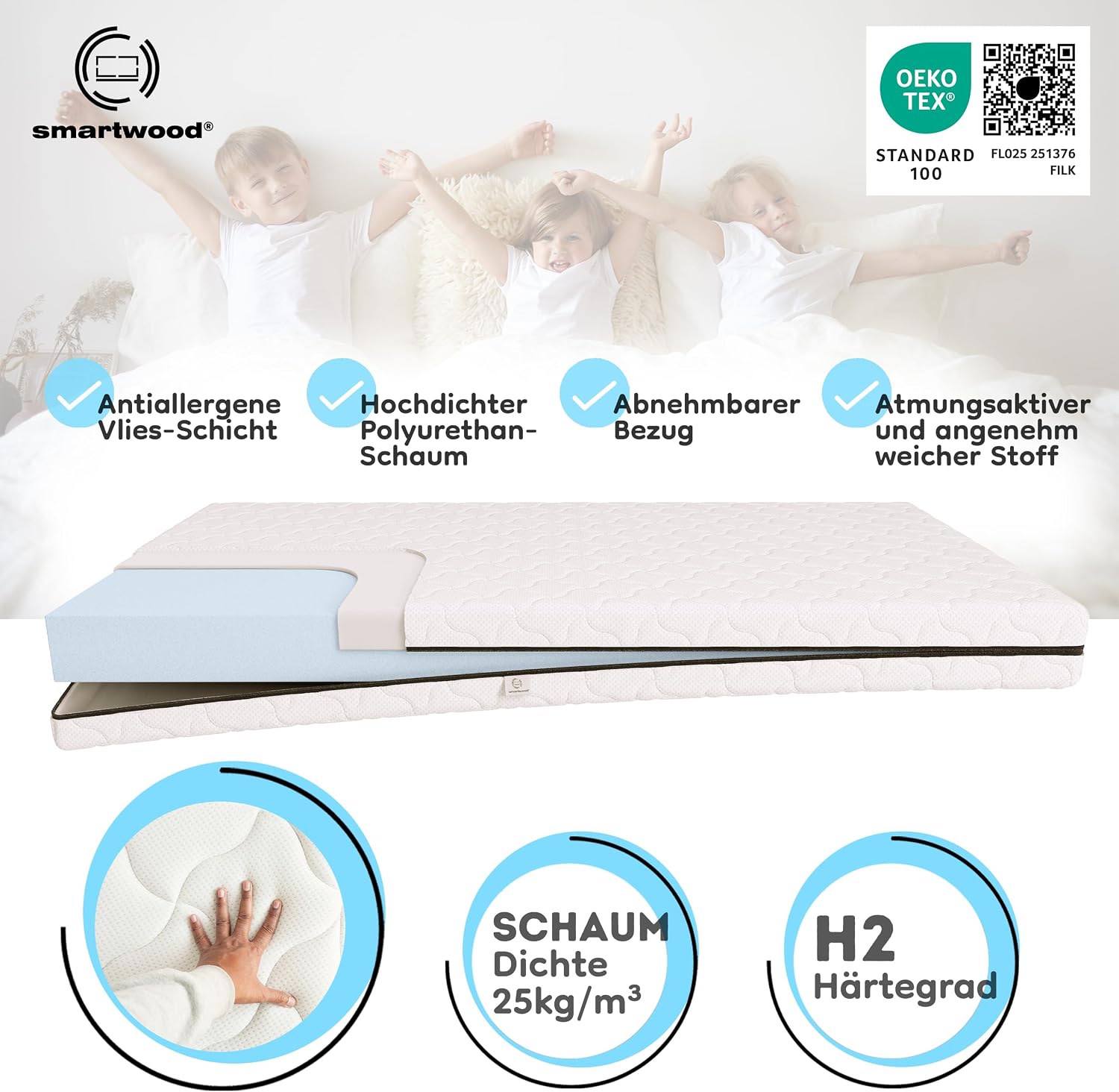 smartwood Matratze 90x200 12 cm, H2, Schaumstoff, SmartComfort