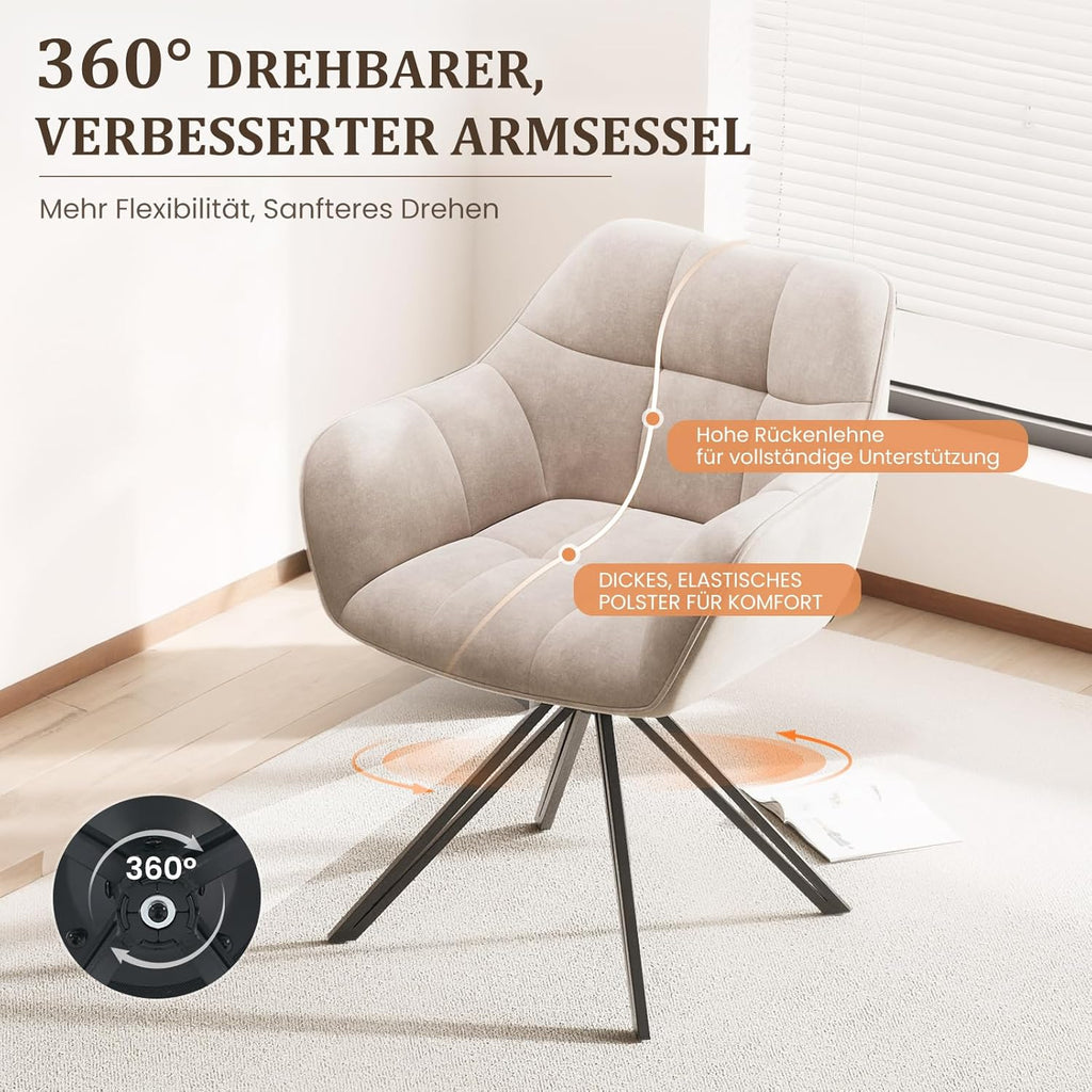 COLAMY Drehstühle für Esszimmer, 2er Set, Drehbare Polsterstühle mit Armlehnen und Rückenlehne, Bequeme Küchenstühle für Wohnzimmer & Essbereich, Beige
