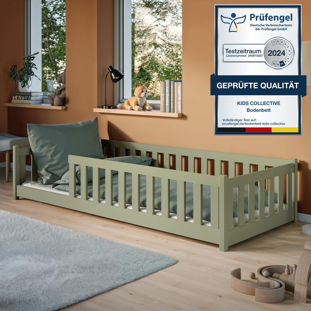 Kids Collective Kinderbett Bodenbett 120x200 cm Bett mit Rausfallschutz & Lattenrost Montessori Bett Bed Gitterbett Kinder Jugendbett Einzelbett | Natur Kiefer Holz massiv Junge Mädchen