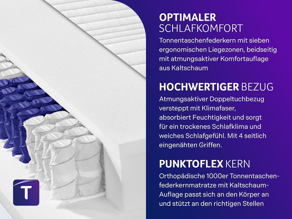 Traumnacht Exklusiv 7-Zonen 1.000er Tonnentaschenfederkernmatratze, Stiftung Warentest Testurteil Gut - Ausgabe 10/2023, 23 cm Premiumhöhe, Öko-Tex zertifiziert, Härtegrad 4 (H4), 100 x 200 cm