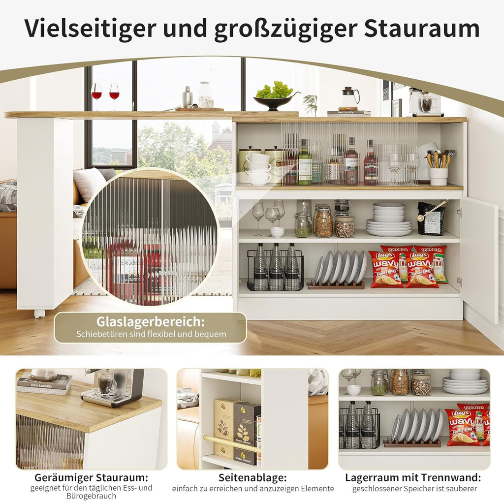 Merax Ausziehbarer Bartisch mit Stauraum, 360° drehbarer Beweglicher Bartisch Küchentheke Kücheninsel Kaffeeecke, mit Offene Ablagefächer, Glasschiebetür, Weiß/120-180 x 45 x 103 cm