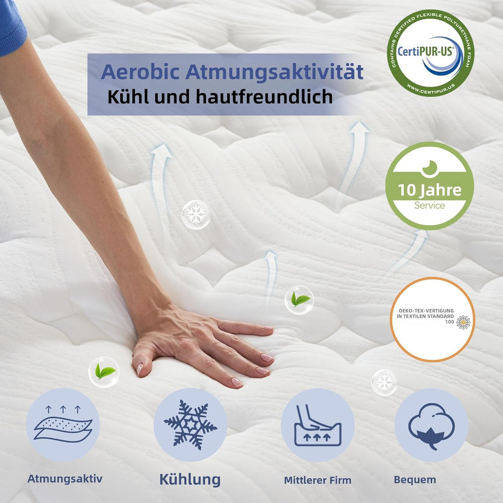 Matratze 180 x 200cm, Federkernmatratze H3 Höhe 31cm 7-Zonen Orthopädische Taschenfederkernmatratze mit Comfort Memory-Schaum Schicht