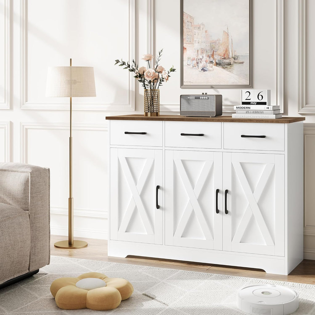 HOCSOK Sideboard, Küchenschrank mit Verstellbaren Ablagen, Weiß & Braun