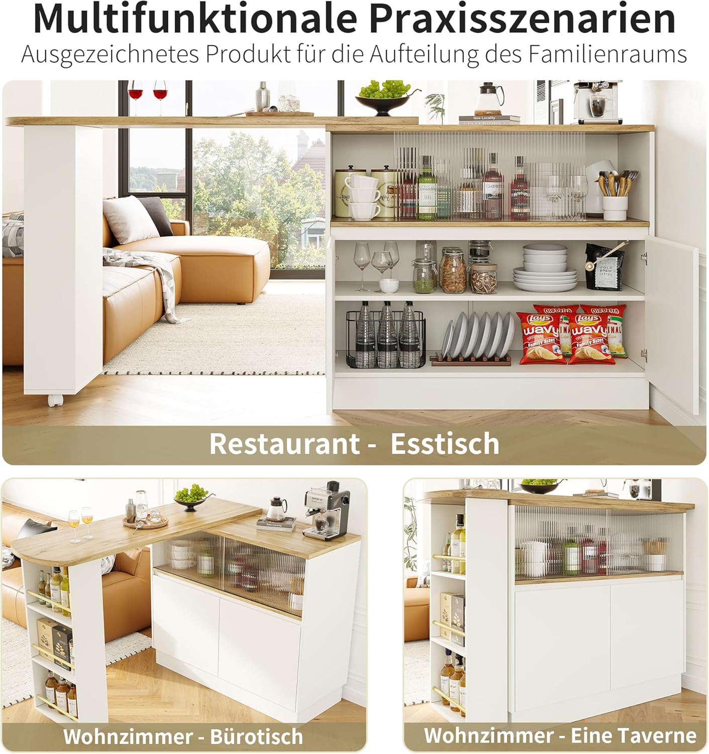 Merax Ausziehbarer Bartisch mit Stauraum, 360° drehbarer Beweglicher Bartisch Küchentheke Kücheninsel Kaffeeecke, mit Offene Ablagefächer, Glasschiebetür, Weiß/120-180 x 45 x 103 cm