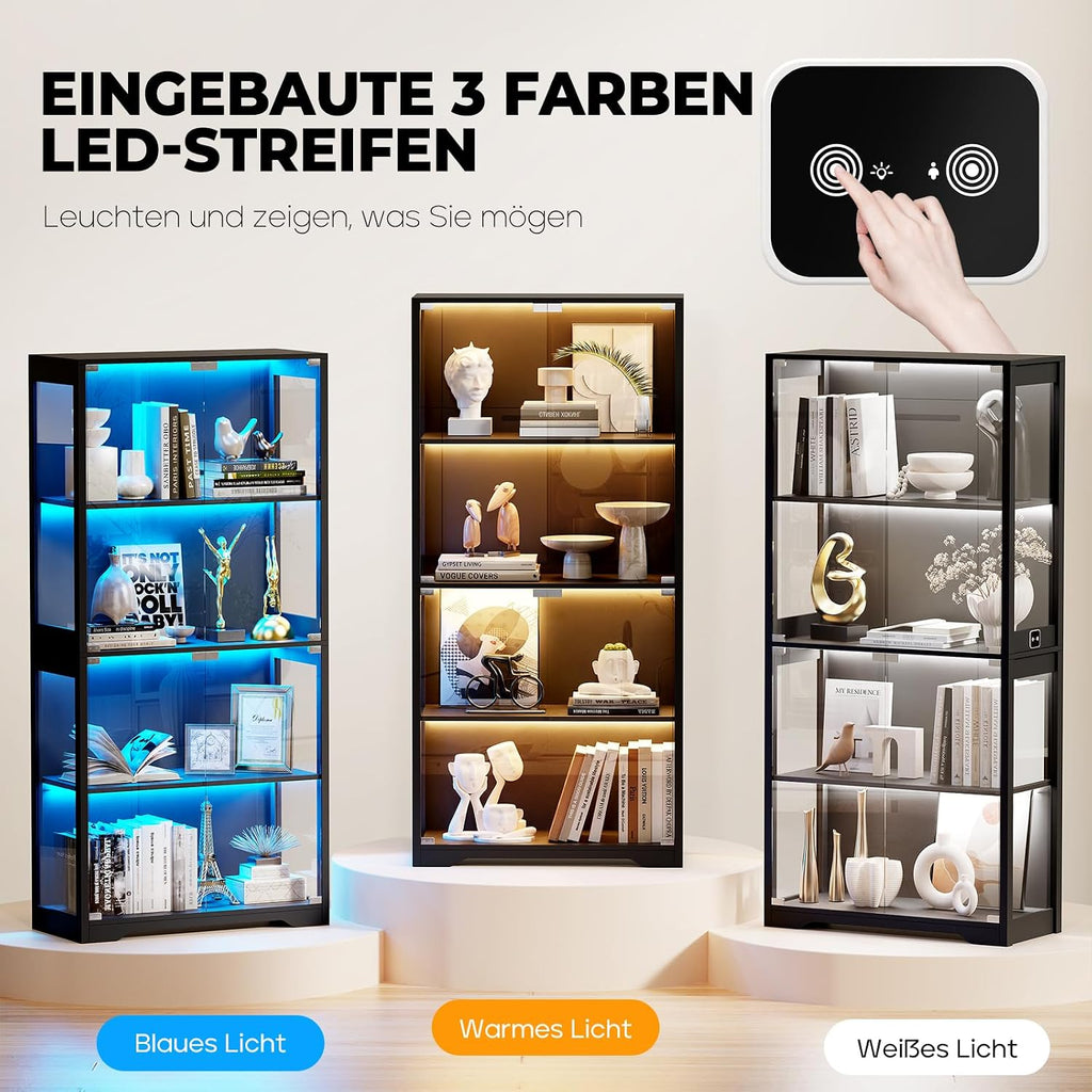 BROTTAR Beleuchtete Glasvitrine mit LED Sensor, moderner Vitrinenschrank & Standvitrine, 4 Etagen Sicherheitsglas Vitrine für Lego, Figuren und Sammlungen, Schwarz