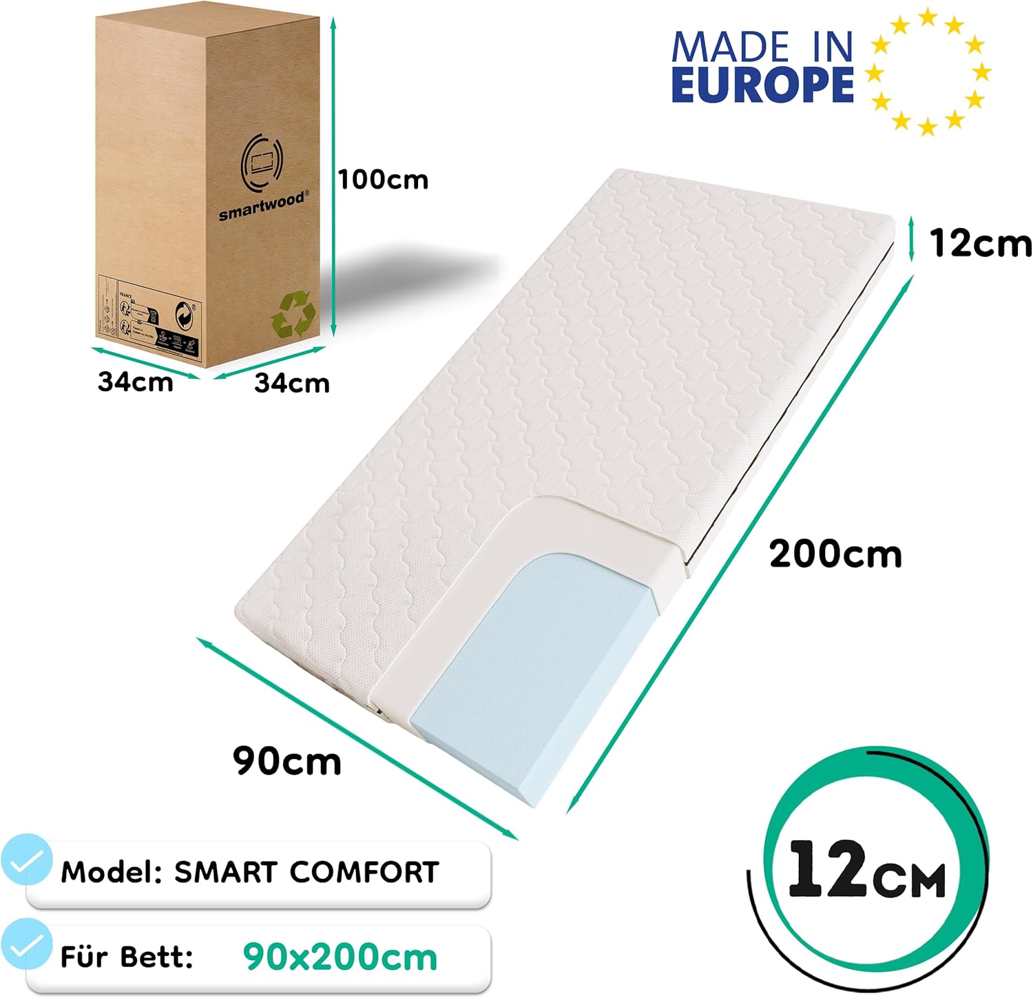 smartwood Matratze 90x200 12 cm, H2, Schaumstoff, SmartComfort