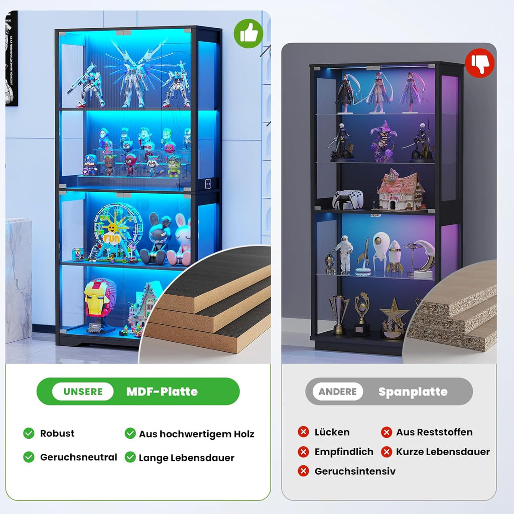 BROTTAR Beleuchtete Glasvitrine mit LED Sensor, moderner Vitrinenschrank & Standvitrine, 4 Etagen Sicherheitsglas Vitrine für Lego, Figuren und Sammlungen, Schwarz