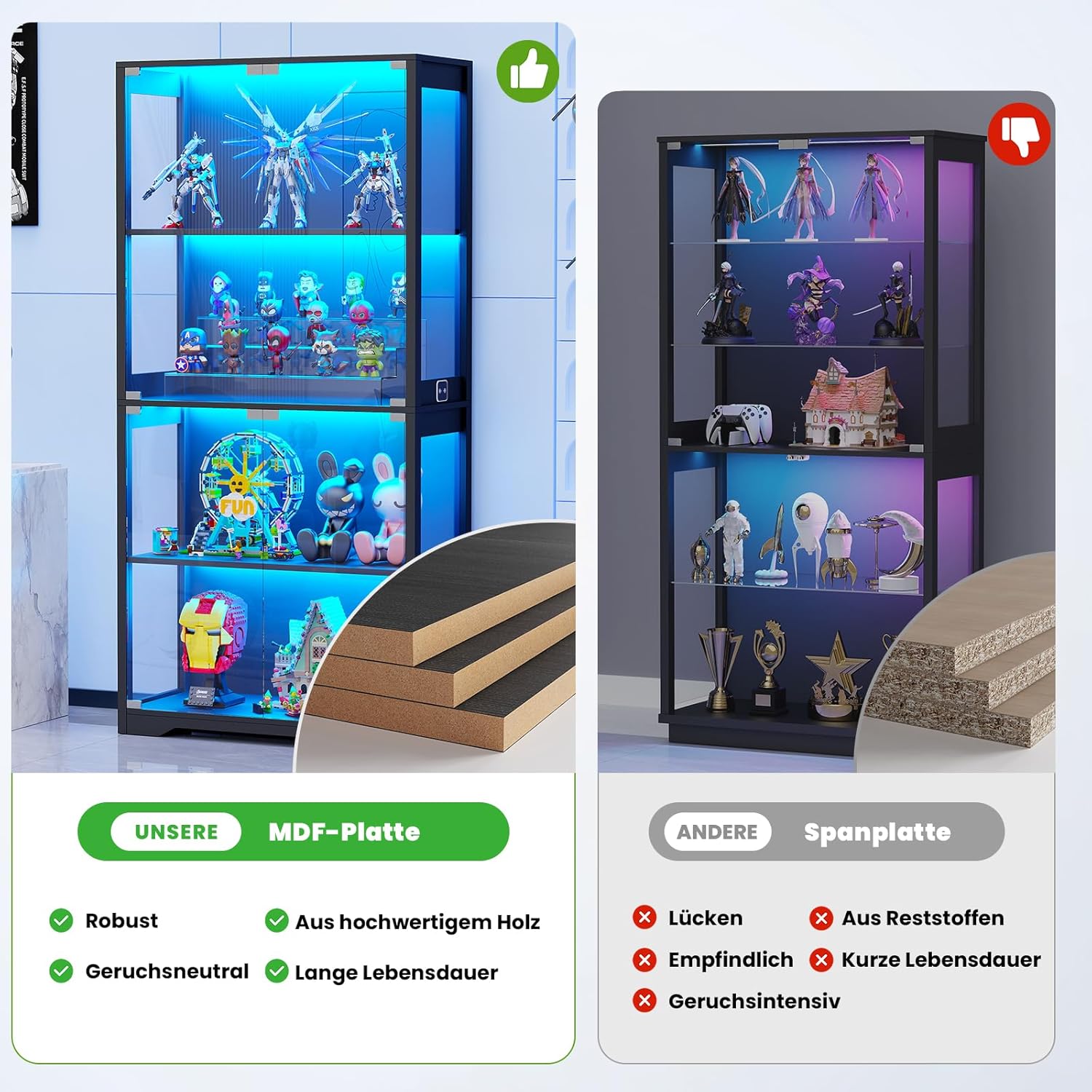 BROTTAR Beleuchtete Glasvitrine mit LED Sensor, moderner Vitrinenschrank & Standvitrine, 4 Etagen Sicherheitsglas Vitrine für Lego, Figuren und Sammlungen, Schwarz