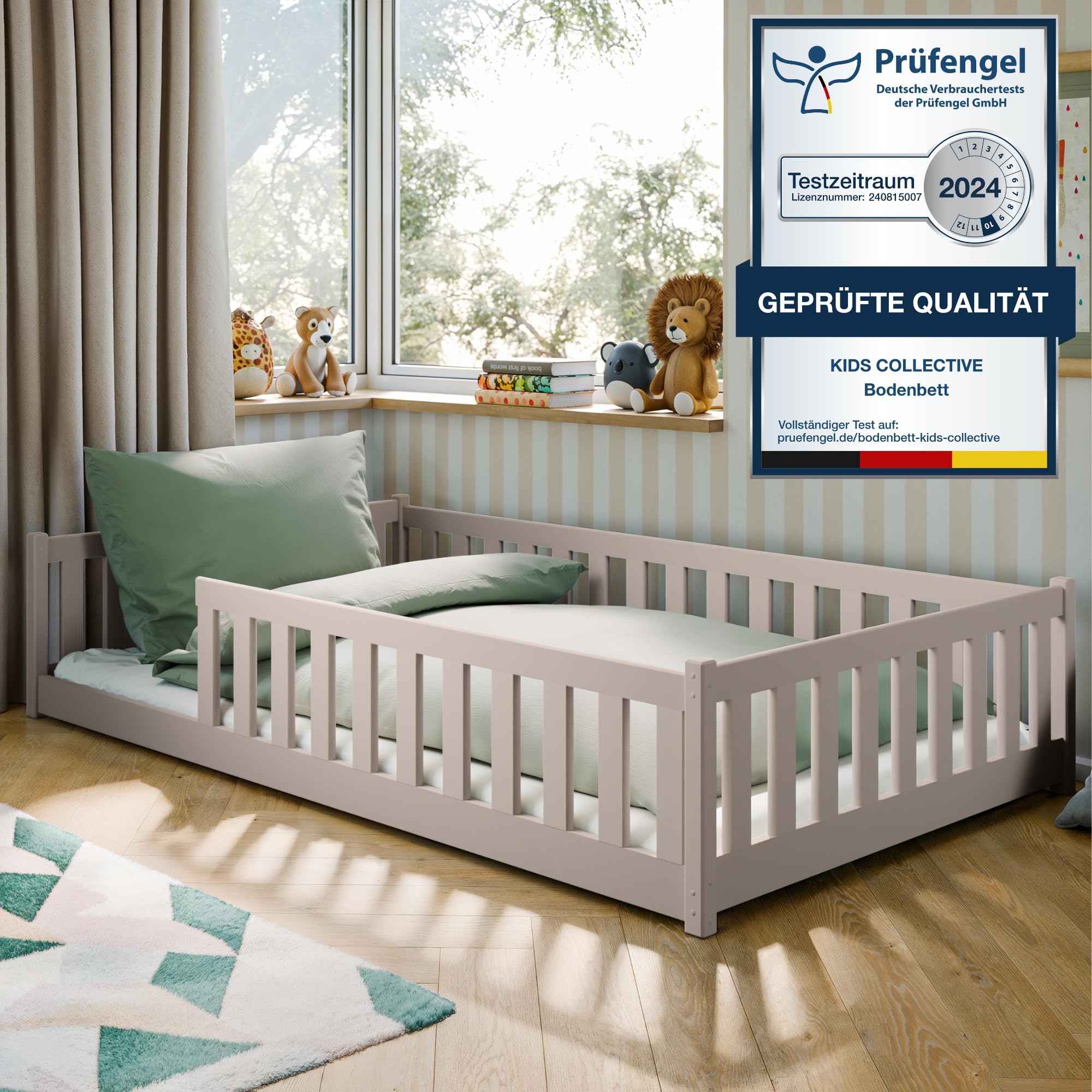 Kids Collective Kinderbett Bodenbett 120x200 cm Bett mit Rausfallschutz & Lattenrost Montessori Bett Bed Gitterbett Kinder Jugendbett Einzelbett | Natur Kiefer Holz massiv Junge Mädchen