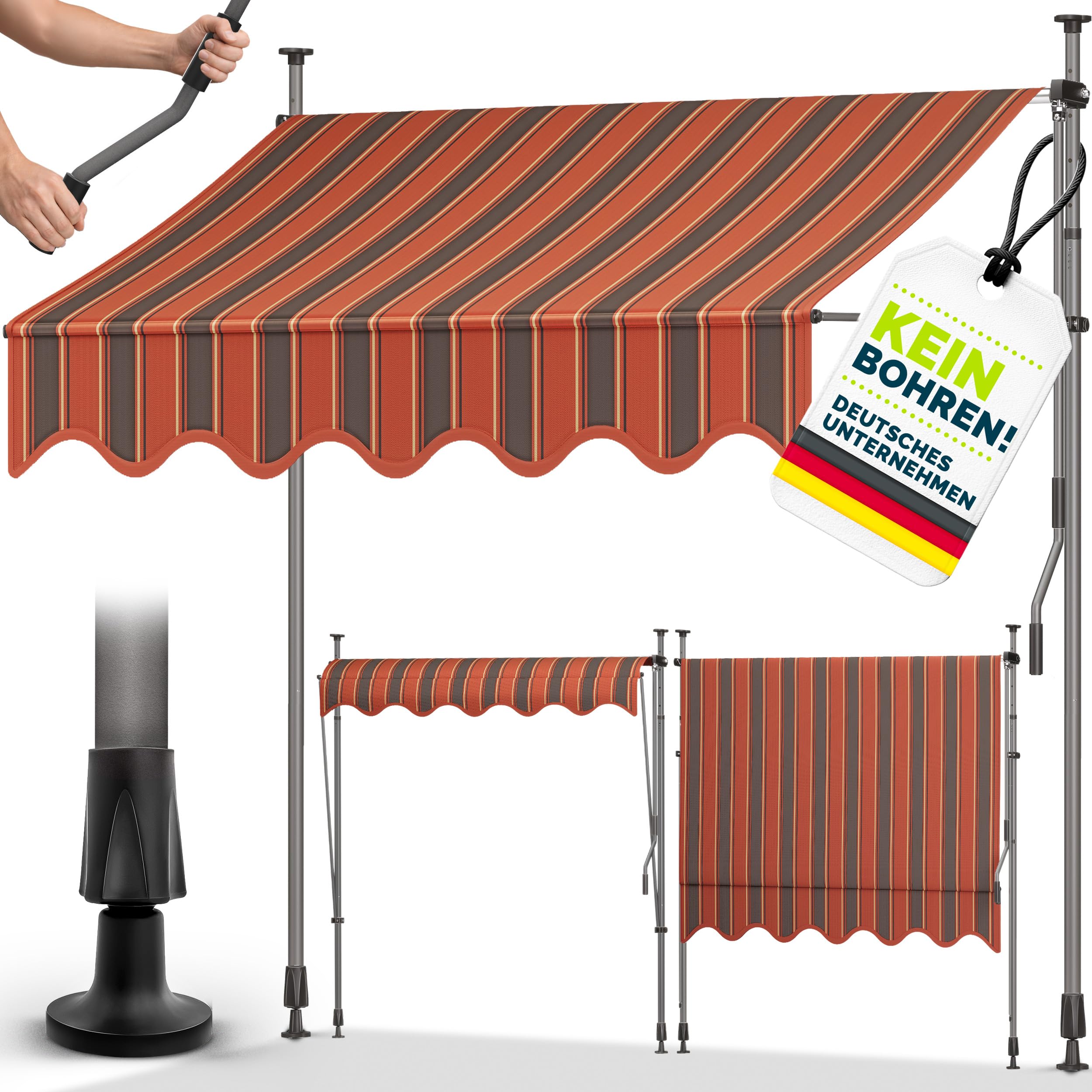 tillvex Klemmmarkise 350cm breit mit Handkurbel | Balkonmarkise ohne Bohren
