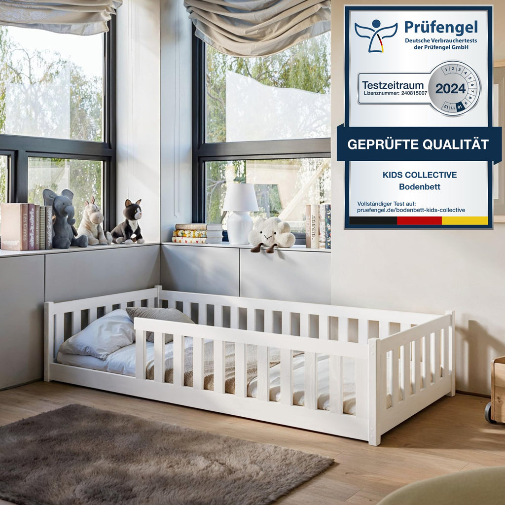 Kids Collective Kinderbett Bodenbett 120x200 cm Bett mit Rausfallschutz & Lattenrost Montessori Bett Bed Gitterbett Kinder Jugendbett Einzelbett | Natur Kiefer Holz massiv Junge Mädchen
