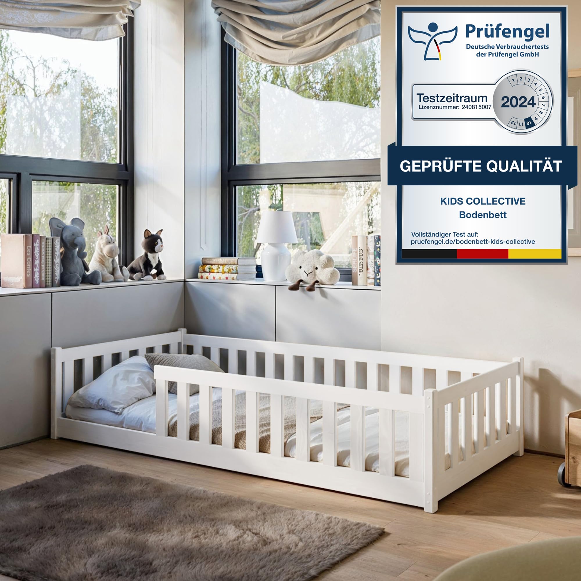 Kids Collective Kinderbett Bodenbett 120x200 cm Bett mit Rausfallschutz & Lattenrost Montessori Bett Bed Gitterbett Kinder Jugendbett Einzelbett | Natur Kiefer Holz massiv Junge Mädchen