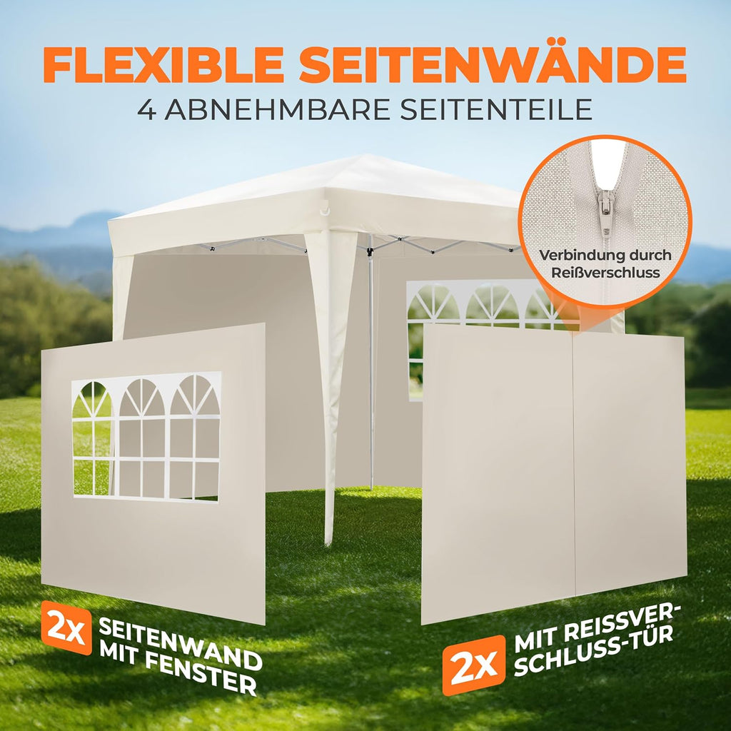 Kronenburg Faltpavillon wasserdicht Dachmaß 3 x 3 m UV Schutz 50+ Pavillon in Champagner mit 4 Seitenteilen