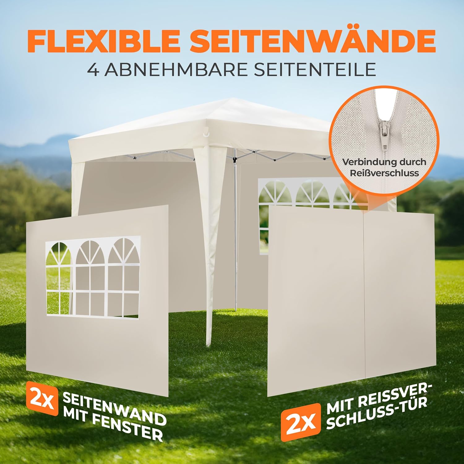 Kronenburg Faltpavillon wasserdicht Dachmaß 3 x 3 m UV Schutz 50+ Pavillon in Champagner mit 4 Seitenteilen