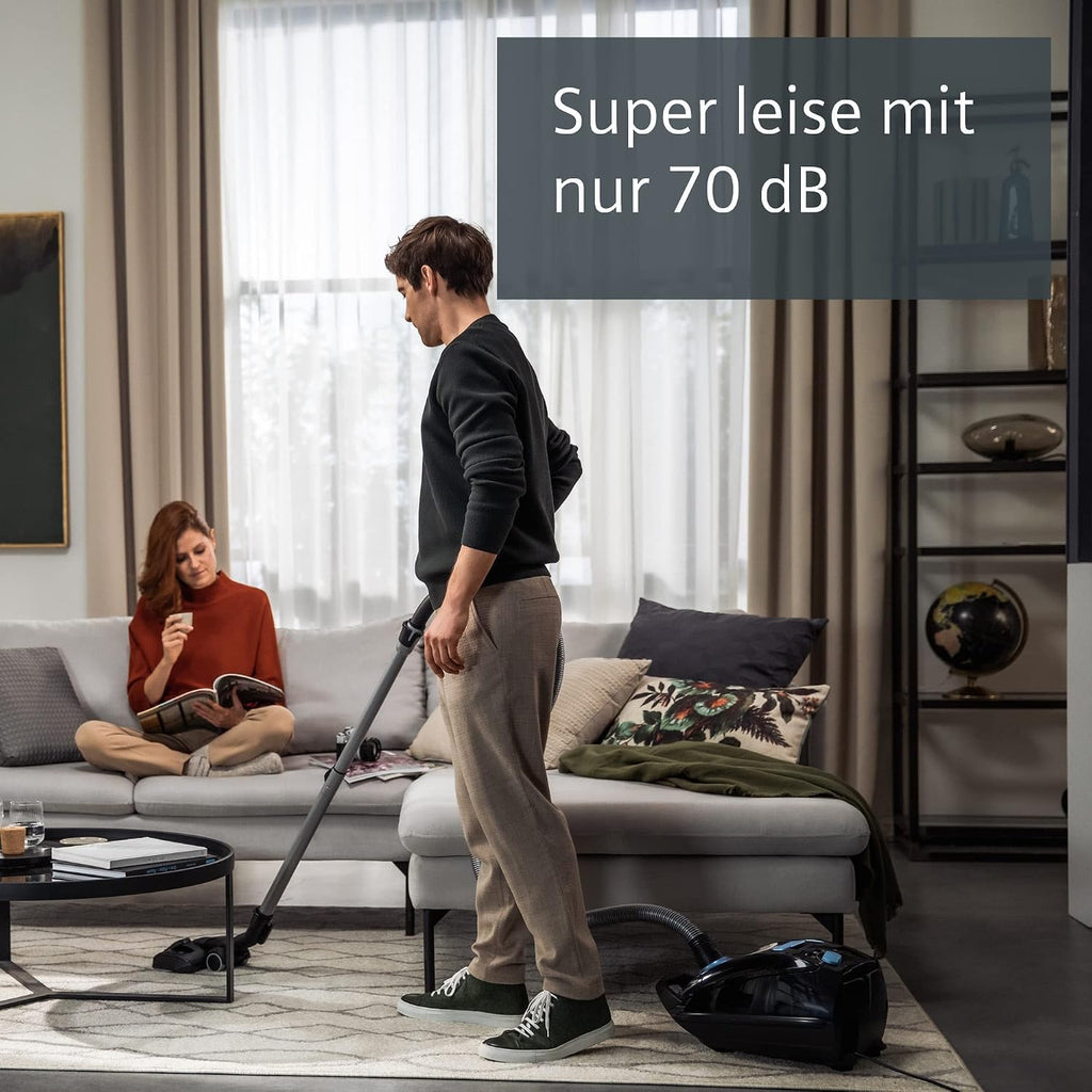 Siemens Staubsauger mit Beutel Q5.0 extreme silencePower VSQ5X1230, ideal für Allergiker, Hygiene-Filter, starke Saugleistung, Bodendüse für Parkett, Teppich, Fliesen, langes Kabel, 850 W, schwarz